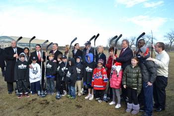 Nassau County officials held a groundbreaking ceremony for a new youth hockey arena in Eisenhower Park on Thursday.