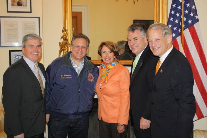 Suffolk County Executive Steve Bellone and Nassau County Executive Ed Mangano, left, who went to Washington D.C. Tuesday to lobby for Sandy aid, meet with House Democratic Leader Nancy Pelosi, Reps. Peter King and Steve Israel.