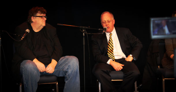 FOR THE PEOPLE: Documentary filmmaker Michael Moore (l) and Pulitzer Prize-winning former New York Times foreign correspondent Chris Hedges discussing the importance of defeating the Obama Administration’s indefinite detention provision to the NDAA and its ramifications on American’s civil liberties at a panel discussion organized by The Sparrow Project Feb. 6, 2013 in Manhattan.