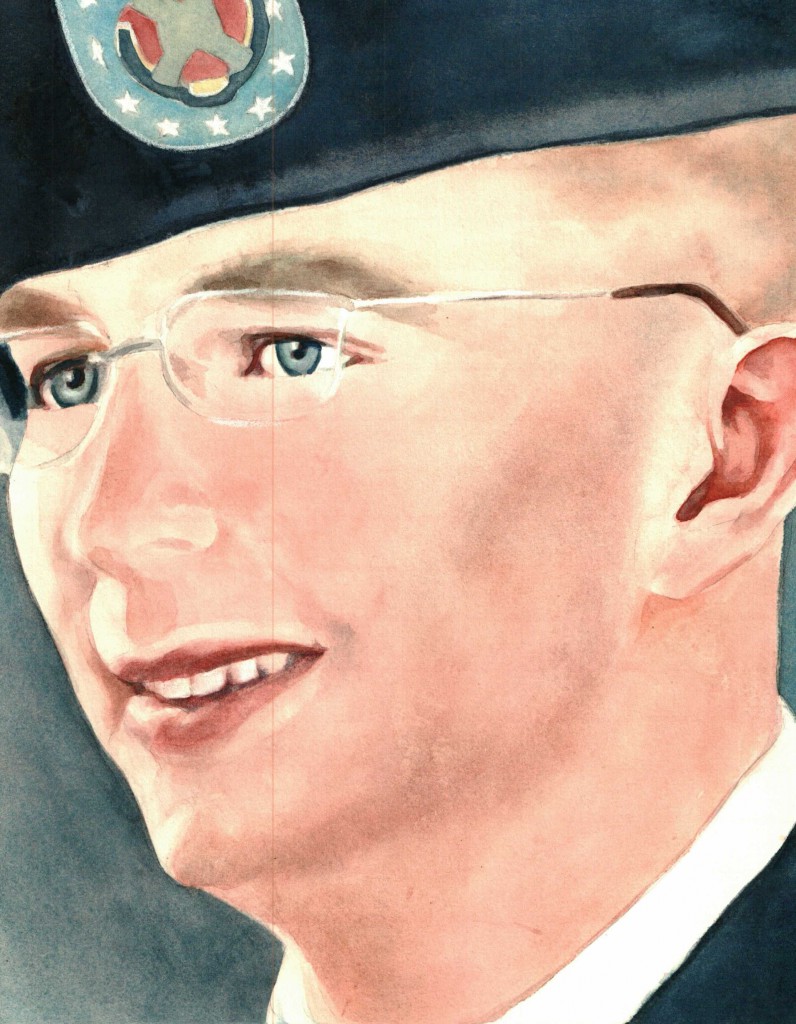 U.S. Army Pfc. Bradley Manning was sentenced to 35 years in federal prison Wednesday, Aug. 21, 2013, for leaking confidential materials about the wars in Iraq and Afghanistan to whistleblower website WikiLeaks. (Artwork courtesy of Deb Van Poolen, www.debvanpoolen.com)