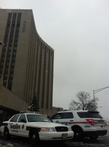 Police and sheriffs search for a suspect who stabbed an officer at Nassau University Medical Center in East Meadow on Wednesday, Feb. 5, 2014.