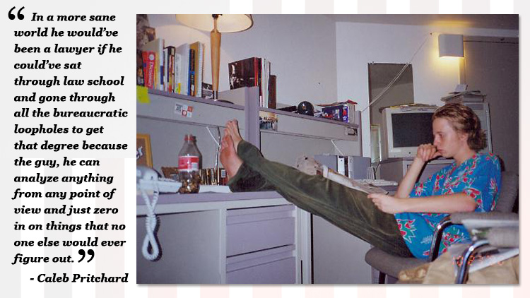 Photo taken in the fall of 2000 of Brown in his friend Caleb Pritchard's dorm room studies reading a newspaper. (Photo credit: Caleb Pritchard)