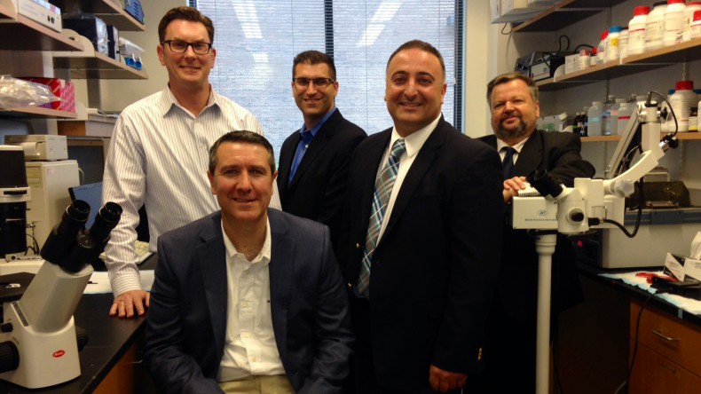 5 Long Island Startups Split Half a Million Dollars in Seed Money Accelerate Long Island’s Mark Lesko, seated, is joined (l to r) by PolyNova’s Ted Claiborne, Traverse Biosciences’ Joseph Scaduto, SynchroPET’s Marc Alessi and Green Sulfcrete’s Bill Biamonte.