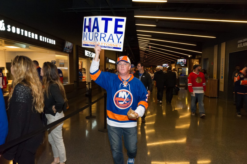 An Islanders fan replaced the "K" with and "H" in Kate Murray's campaign sign. (Photo by Joseph Nuzzo)