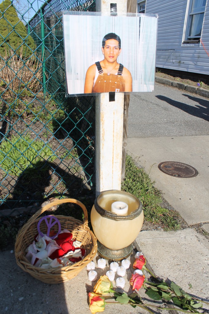 A vigil set up for Marcelo Lucero at the site of his slaying. (Rashed Mian/Long Island Press)