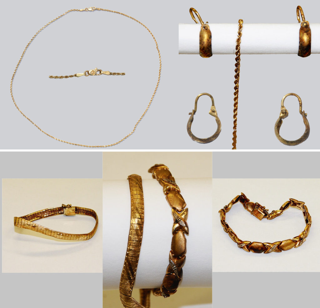 Top: A with a 16-inch gold-colored chain and two gold-colored hoop earrings found on Baby Doe. Below: Two gold bracelets found on Peaches' extremities that were found at Jones Beach State Park (SCPD photos)