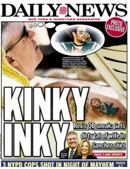 New York Daily News snaps photo of Rex Ryan's tattoo of woman in Mark Sanchez jersey. 