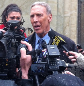 Brian Davis, the attorney for Raymond Roth, speaks to reporters outside Nassau COunty court on March 21, 2013.