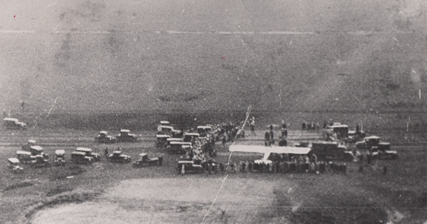Lindbergh's plane on the runway (Photo courtesy Cradle of Aviation)