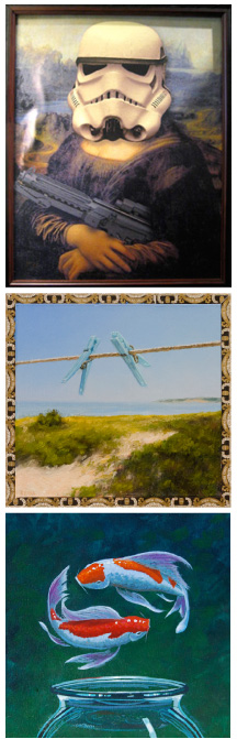 Top: ZIG’s “Mona Trooper” adds an ironic twist to an iconic image. Middle: Doug Reina’s painting on a cigar box, “Pins,” brings creative tension to a typical LI beach scene; Nick Cordone’s “Live Free or Die” captures an enigmatic pair of flying fish.