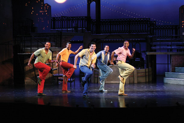 These five happy hoofers are stepping out on the stage of the Engeman Theater, which showcases top talent from the bright lights of Broadway, in Damn Yankees. (Photo credit: Engeman Theater) 