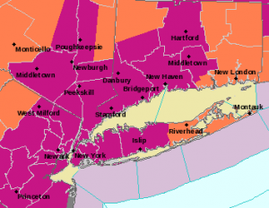 The purple in this NWS map indicates areas under an excess heat warning while the orange is a heat advisory.