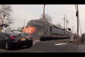 An LIRR train hits a computer-generated car in this PSA campaign designed to discourage people from ignoring downed crossing gates.