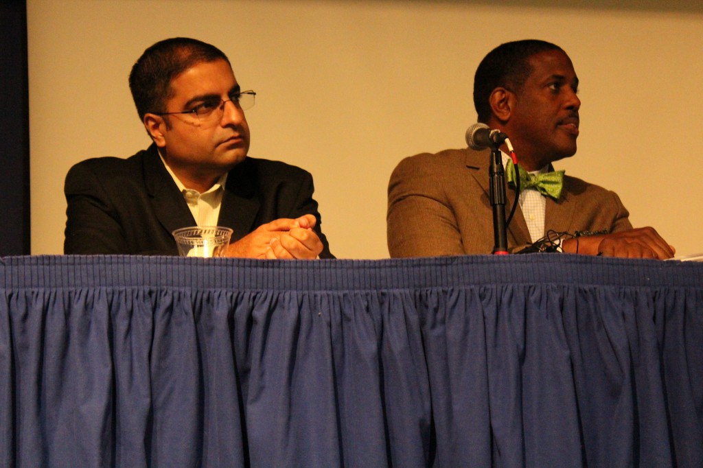 Dr. Hussein Rashid (L.) and New York State Sen. Kevin Parker (D-Brooklyn) (R.) discuss NYPD's surveillance of Muslims at Hofstra University "Day of Dialogue" event. (Photo credit: Anne White/Hofstra University)