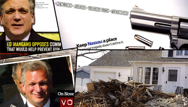 A smattering of anti-Mangano campaign mailings from the New York State Democratic Committee, who portrayed the Nassau County Executive as a Sandy profiteer soft on guns. (Long Island Press)