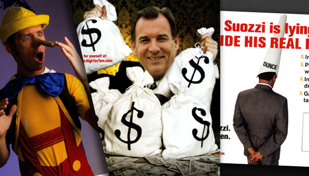 A sampling of the New York Republican State Committee's anti-Tom Suozzi campaign mailings, which portrayed the former two-term Nassau County Executive as a robber, Pinocchio and a dunce. (Long Island Press) 