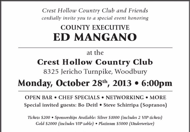Invitation to Nassau County Executive Ed Mangano fundraiser, cited by Nassau Democrats. 
