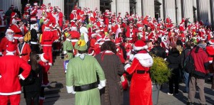 Several hundred Santa-Con revelers stop at the post office on Eighth Avenue in Manhattan Dec. 11, 2010.