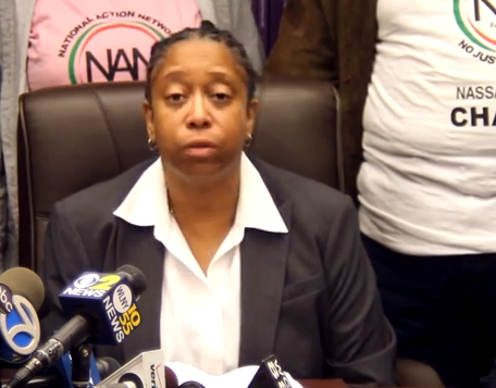 Dolores Sharpe, a member of the Nassau County Police Department, is accused of resisting arrest and harassment after an alleged struggle with her fellow officers in November. (Photo credit: YouTube/Antonio Kelley) 
