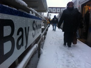 Long Island Rail Road riders commute at the Bay Shore station during a snow storm Feb. 3, 2014.