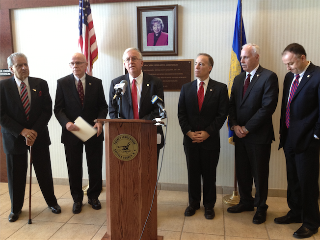Republicans in the Suffolk County Legislature at a press conference on Tuesday, Feb. 11, 2014 announcing the GOP task force. (Spencer Rumsey/Long Island Press) 