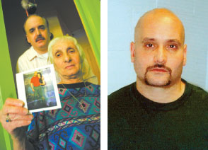 Anguish, personified: (L) Ronald Bower’s 84-year-old mother, Margaret, holds a photo of her imprisoned son as his brother, Steven, watches over her. (R) Ronald Bower in July 2004, behind bars, serving part of his 18- to 54-year sentence. (Long Island Press)