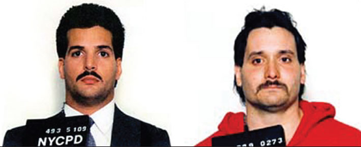 Double Vision: (L) Former NYPD Officer Michael Perez and Ronald Bower. Police allowed Perez to change out of the hooded sweatshirt he was arrested in and into a suit and tie for his mug shot, while demanding Bower put one on for his. (Long Island Press)