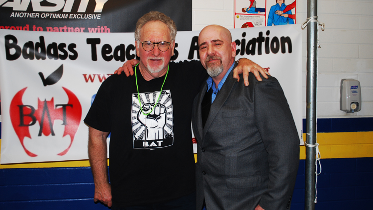 Bookends: Anti-Common Core advocates Mark Naison (L), co-founder of Badass Teachers Association, and Michael Bohr, of Badass Parents Association, lent their voices to the opt-out movement at the "iRefuse!" protest rally on March 29. (Jaime Franchi/Long Island Press)