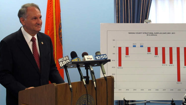 Nassau County Comptroller George Maragos is sounding the alarm about a possible $77 million deficit just weeks before Nassau County Executive Ed Mangano is set to release his 2015 budget. Maragos has warned about projected multi-million-dollar shortfalls in the past, such as above, in 2011. (Jim Mancari/Long Island Press)