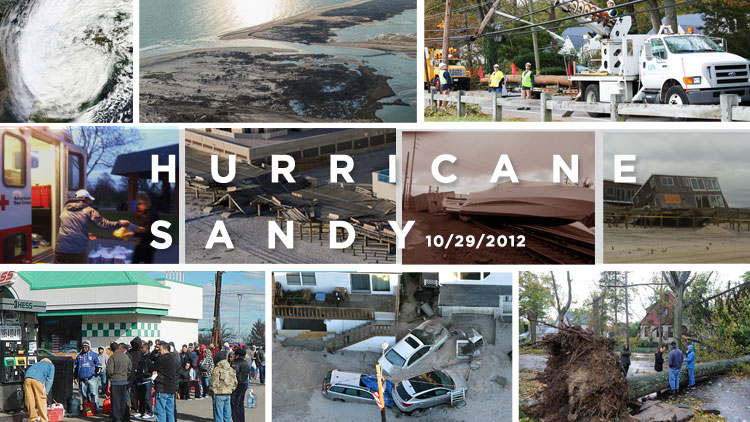 Clockwise from top left: A radar image of Superstorm Sandy, an aerial view of the breach in Fire Island dubbed "New Inlet," LIPA crews working to get the lights back on, a house on Fire Island that fell off of its pilings, one of the many felled trees, cars buried in sand in the streets of Long Beach, gas lines that extended for hours and blocks, and Red Cross volunteers helping survivors at Cedar Creek County Park in Seaford. Center from left: the splintered Long Beach boardwalk and a boat that floated onto the Long Island Rail Road tracks.