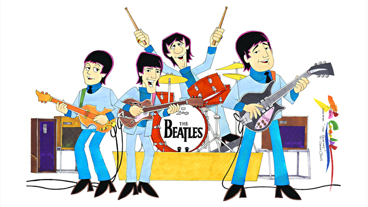 The Beatles in cartoon form, as drawn by Ron Campbell.