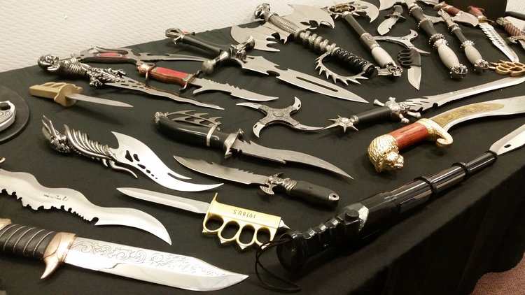 Medieval-style weapons seized by police during a murder-for-hire plot investigation involving a Gold Coast doctor and his rival. (Rashed Mian/Long Island Press) 