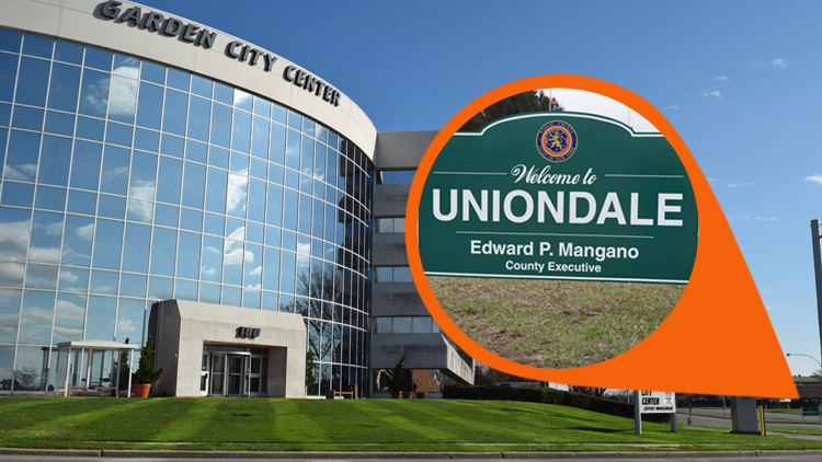 The inset shows the "Welcome to Uniondale" sign directly in front of the Garden City Center, an office building in the area that the Census called East Garden City (Long Island Press).