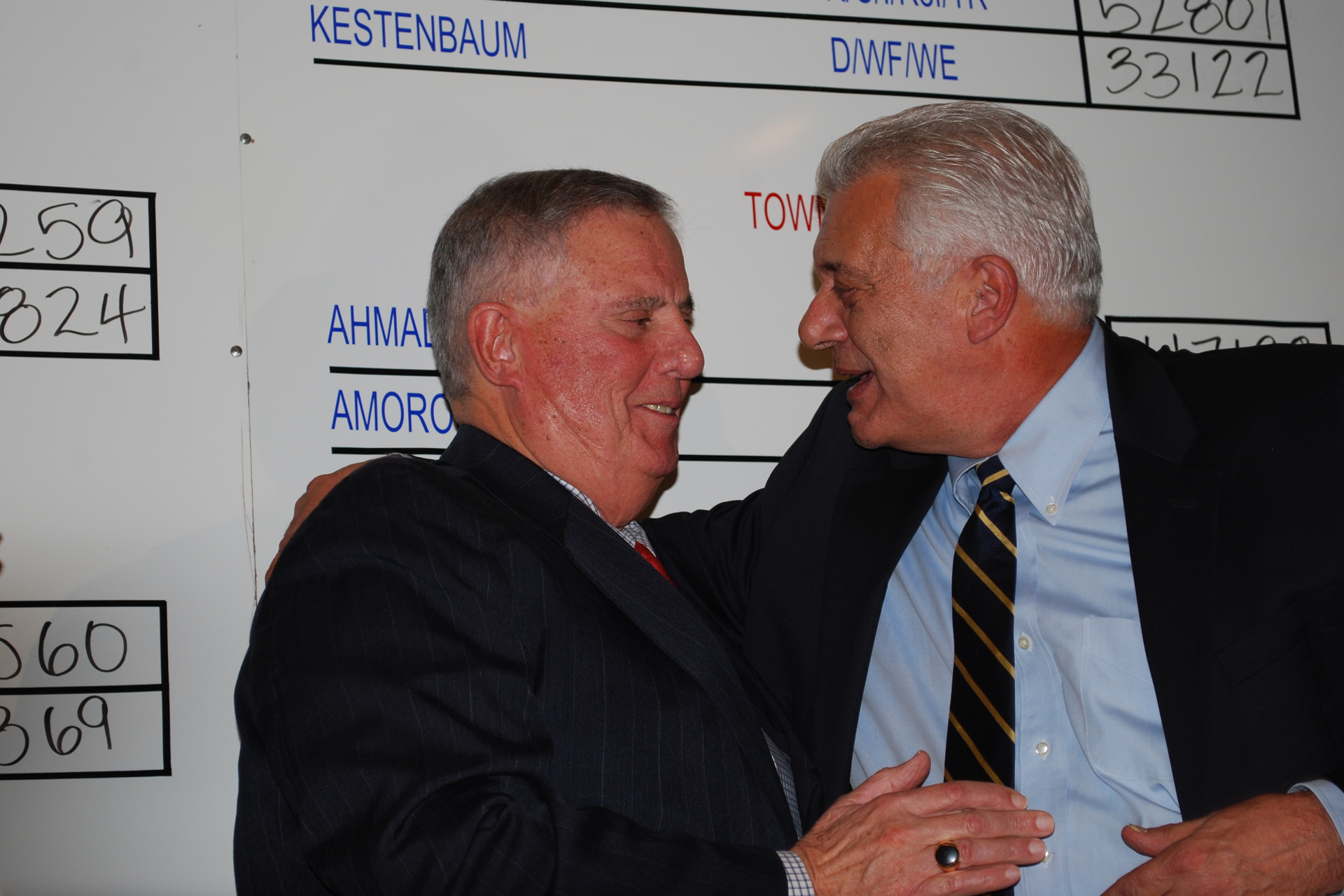 Nassau GOP boss (left) Joe Mondello and Oyster Bay Town Supervisor John Venditto (right) are all smiles despite early results showing the longtime supervisor losing his race. (Long Island Press) 