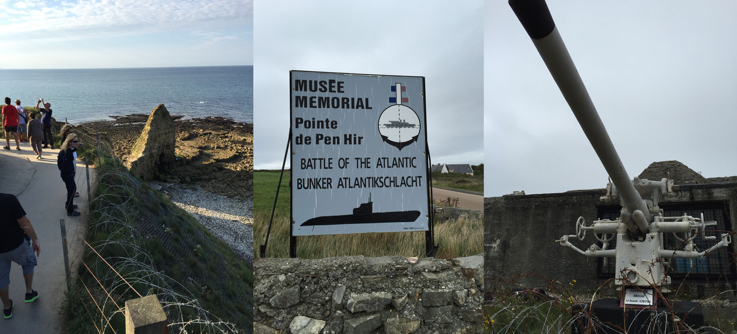 From left to right: The view from Pointe du Hoc overlooking Omaha Beach in Normandy, France; a sign at the U-Boat Memorial in Camaret-sur-Mer and one of the remaining Nazi 88mm U-boot deck canons.