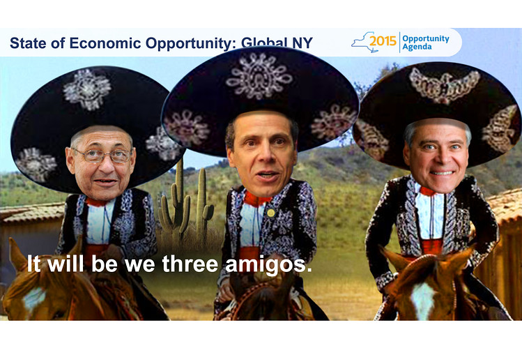 A slide from the 2015 State of the State address depicting, from the left, then-Assembly Speaker Sheldon Silver (D-Manhattan), Gov. Andrew Cuomo and then-Senate Majority Leader Dean Skelos (R-Rockville Centre), as The Three Amigos. 