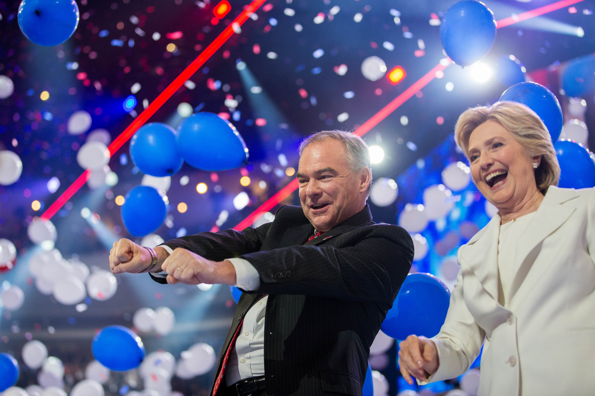Hillary Clinton with her Vice Presidential candidate, Sen. Tim Kaine (D-Va), following her acceptance speech on Thursday, July 28, 2016 at the Democratic National Convention. (Photo credit:  Michael Davidson for Hillary for America/flickr) 