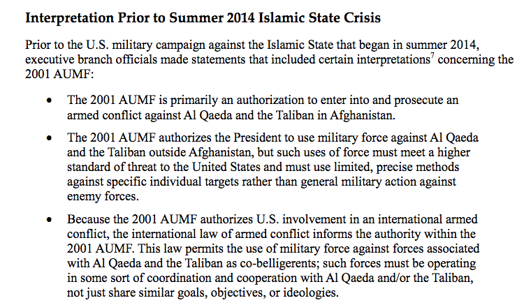 Screengrab from the Congressional Research Service's 2015 on the 2001 AUMF's continued application. 