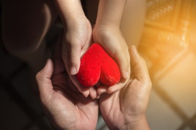 Adults and children are holding a red heart.Happy family relationships and health care concept.