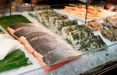 Fish steaks on market display