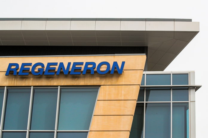 FILE PHOTO: The Regeneron Pharmaceuticals company logo is seen on a building at the company's Westchester campus in Tarrytown covid-19 antibody