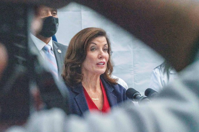 New York State Governor Kathy Hochul holds a news conference about the mandate of the coronavirus disease (COVID-19) vaccination for healthcare workers in New York illegal guns