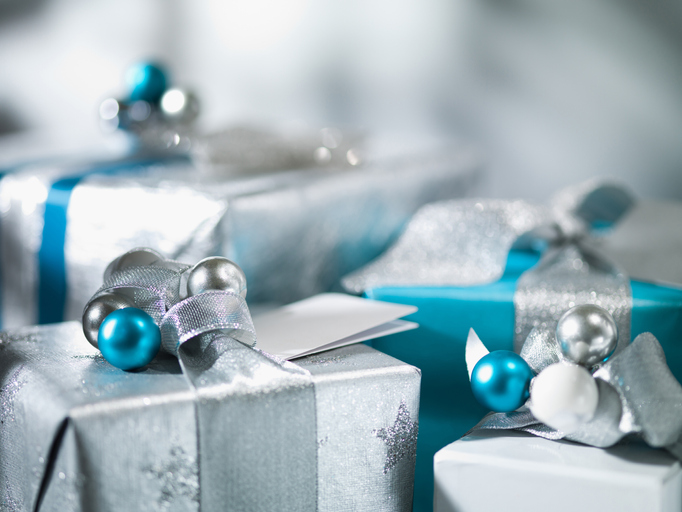 Christmas gifts with silver ribbon