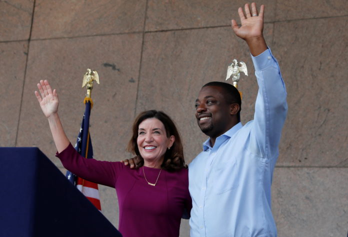 New York Governor Kathy Hocul with her choice for Lieutenant Governor Democratic New York State Senator Brian Benjamin in New York benjamin arrested