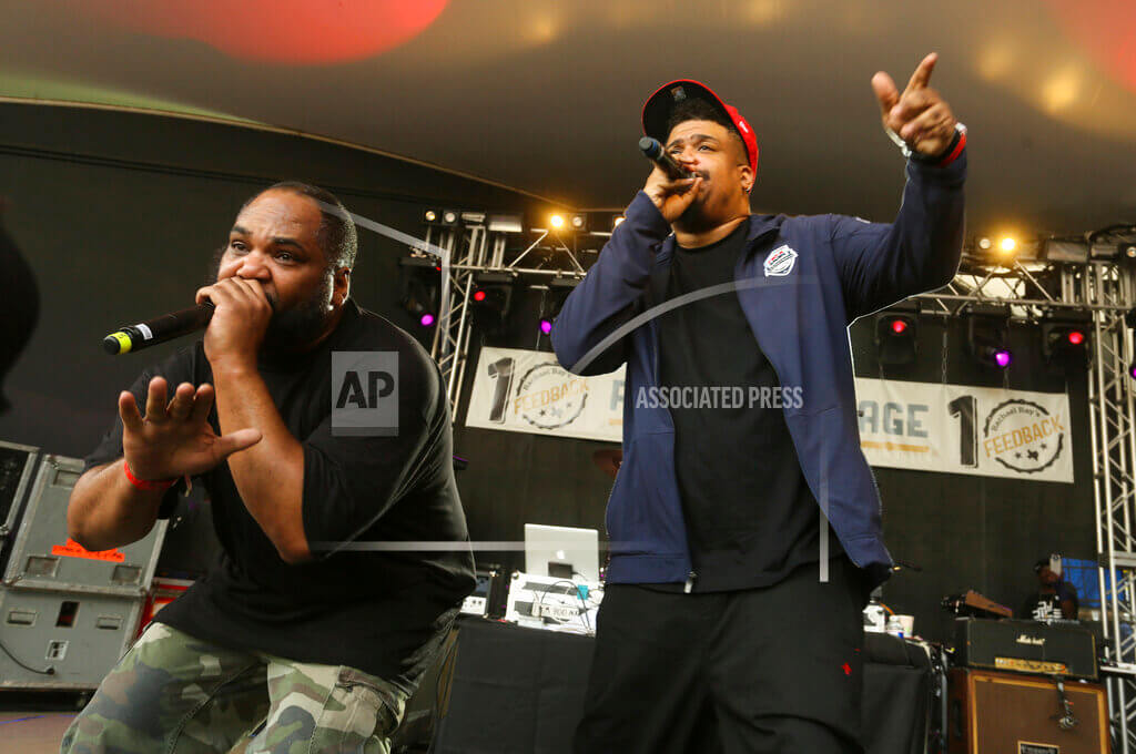De La Soul's Vincent Mason, left, and David Jude Jolicoeur perform at Rachael Ray's Feedback Party at Stubb's during the South by Southwest Music Festival on Saturday March 18, 2017, in Austin, Texas. Jolicoeur, known widely as Trugoy the Dove and one of the founding members of the Long Island hip hop trio De La Soul, has died at age 54. His representative Tony Ferguson confirmed the reports Sunday, Feb. 12, 2023. (Photo by Jack Plunkett/Invision/AP, File)