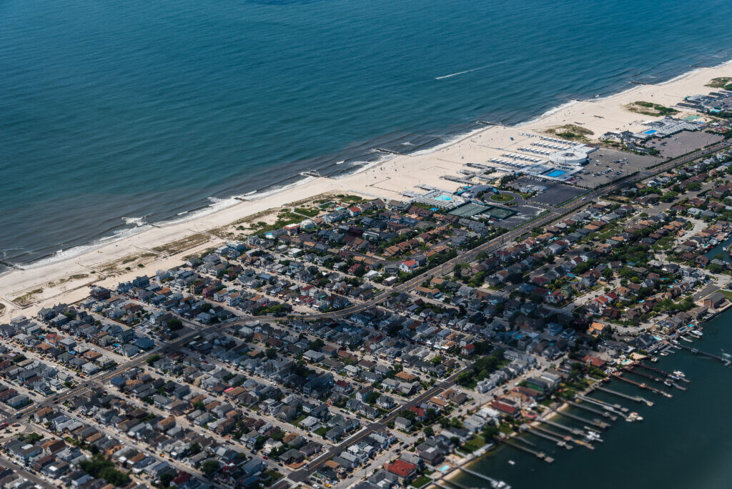 Aerial view of Long Beach in New York through airplane window