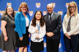 From left: Professors Lisa Dresner and Ethna Lay, winner Rika Mizoguchi and professors Jeffrey Morosoff and Yvonne Stephens Photo by Dan Wright