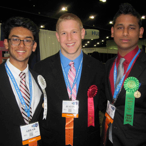 Syosset High School students Abrar Nadroo, Justin Lafazan and Ritayan Chakraborty took home prizes at the Intel International Science and Engineering Fair in Los Angeles from May 10-16.
