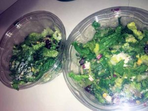 Custom salads with romaine lettuce, corn, feta cheese, beets, avocado and spicy Mexican Goddess dressing.