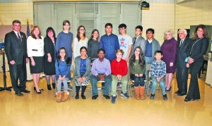 From left, seated: South Middle School Delegates Ella Wang, Joelle Siong Sin and Roshan Varughese; and North Middle Delegates Adam Sanders, Sofia Shafizadeh and Jason Mei. Standing: Assistant Superintendent–Secondary Dr. Stephen Lando, Superintendent Dr. Teresa Prendergast, Board Trustee Susan Healy, Village School Delegate Kylar Hoge, South High Delegates Elina Malamed, Rachel Schneider, Perry Choo, Sean Na and William Zheng, North High Delegate Alan Chau, Board President Barbara Berkowitz, and Board Trustees Donald Ashkenase and Monique Bloom. Not photographed: Board Vice President Lawrence Gross and North High Delegates Julia Hackman, Joseph Harooni and Eric Sedaghat. (Photo by Irwin Mendlinger)
